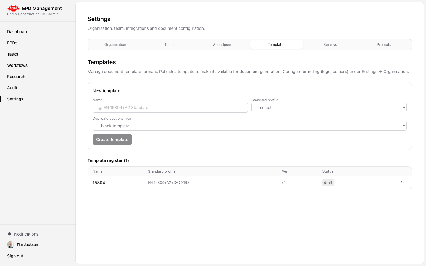 Templates page